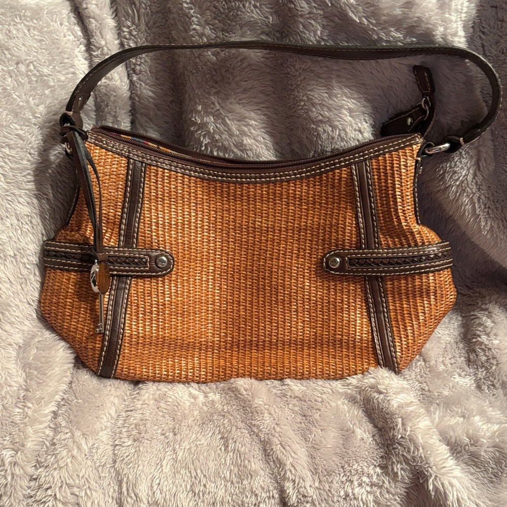 Fossil Tan and Brown Woven Shoulder Bag